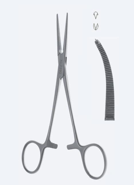 Зажими гемостатичні Crile, делікатні, вигнуті, зубчаті щелепи, зубці 2 х 1, з кремальєрою, загальна довжина 140 мм. Бренд - Asanus Medizintechnik Gmb, Німеччина